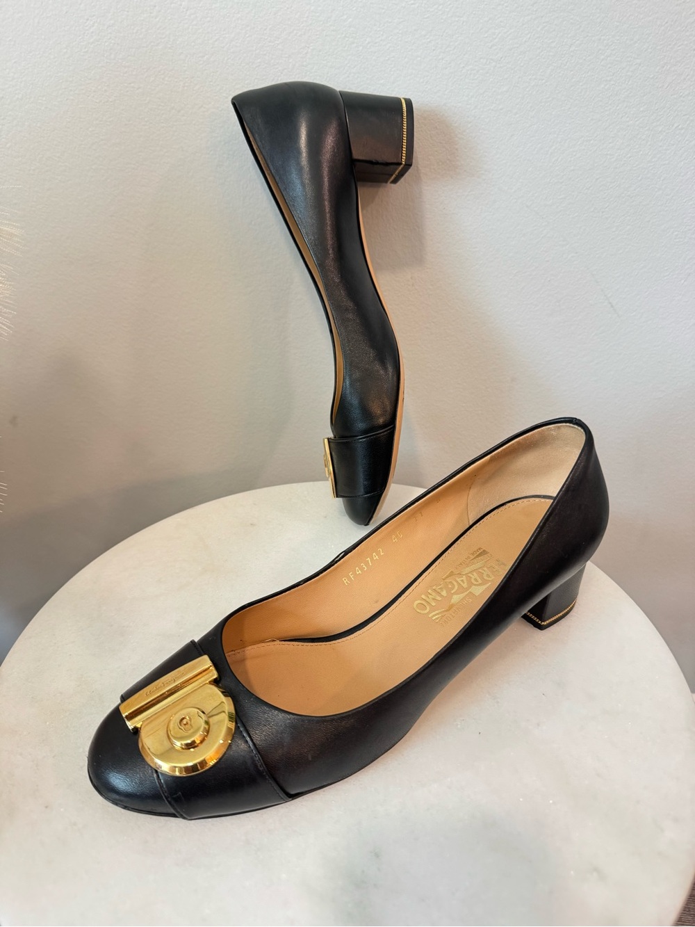 Salvatore Ferragamo Black Leather Block Heel Pumps with Gold Accent Size 11